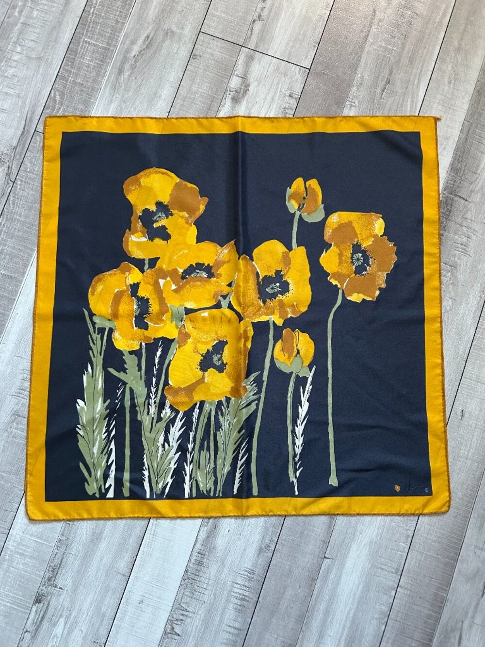 Vera Neumann Golden Poppy Scarf 26" Square Navy Blue